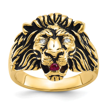 10K Gold Men's Diamond & Ruby Antiqued Lion Ring