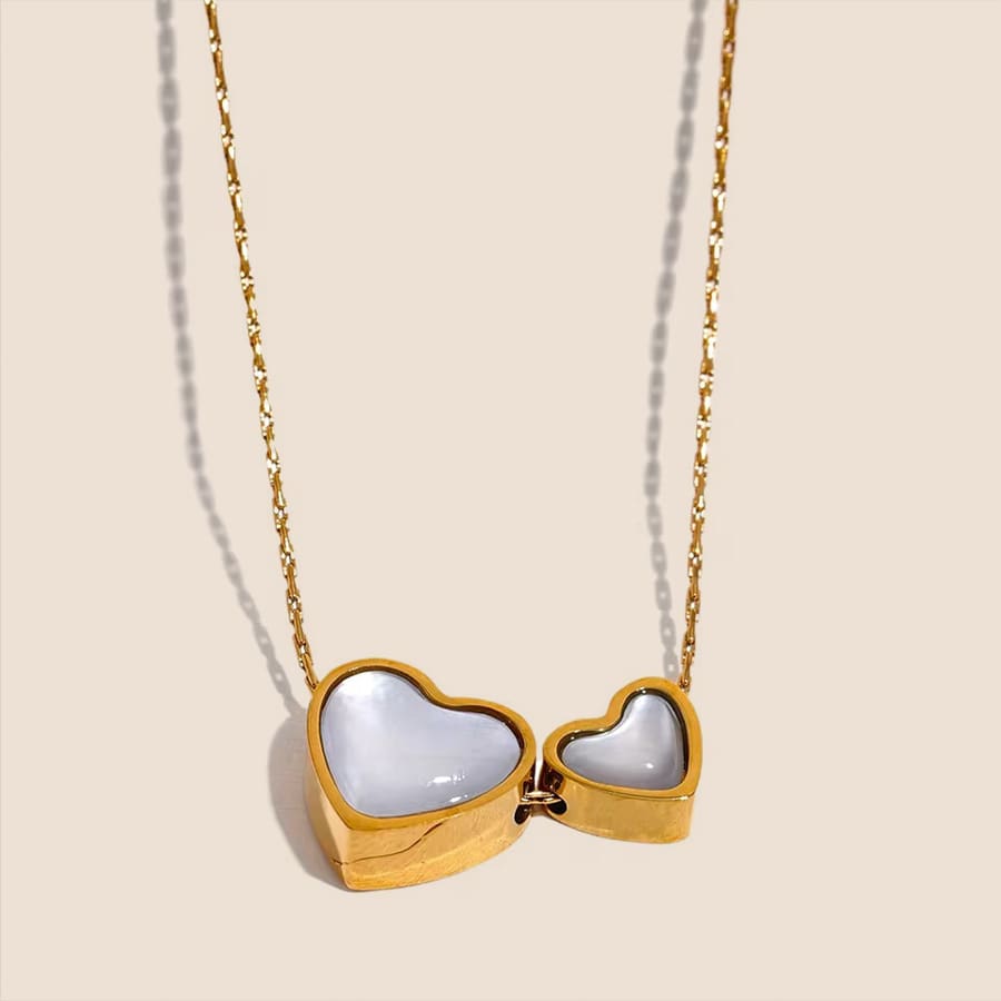 18K Gold PVD Pendant Necklace w/ Double Natural Shell Hearts