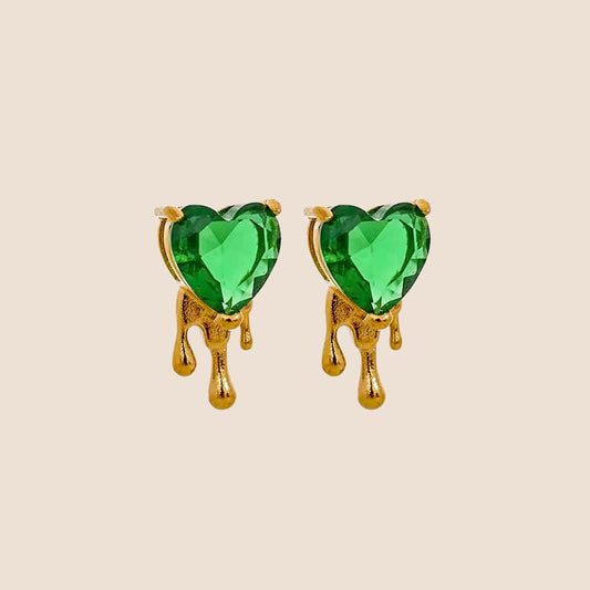 18K Gold PVD Dripping Stud Earrings w/ Cubic Zirconia Heart