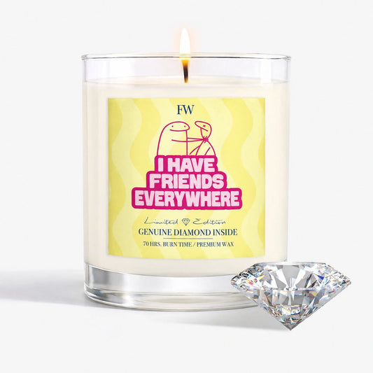 I Have Friends Everywhere Diamond Candle lit, with a genuine diamond beside it