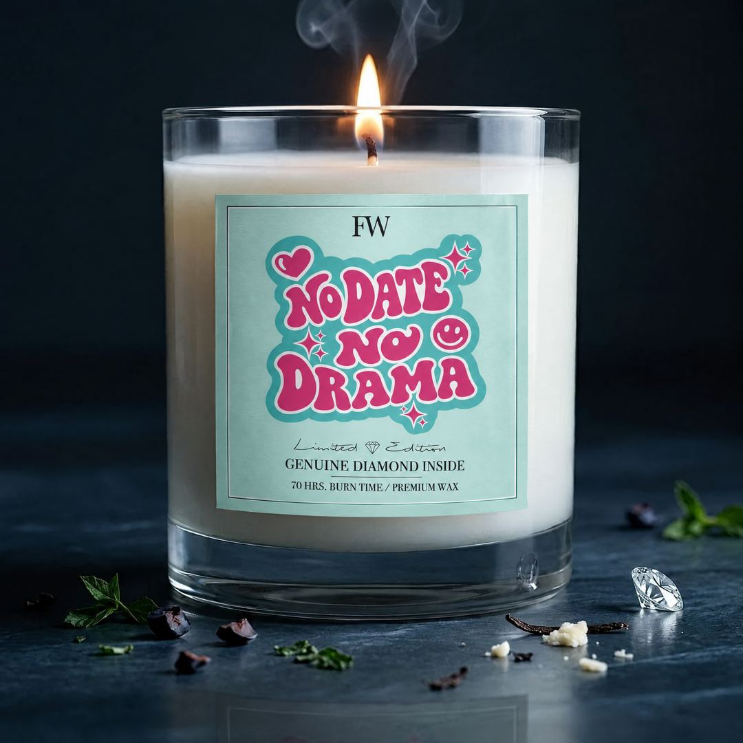 No Date No Drama Diamond Candle burning on a dark table