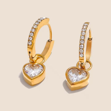 18K Gold PVD Drop Hoop Earrings w/ Cubic Zirconia Heart