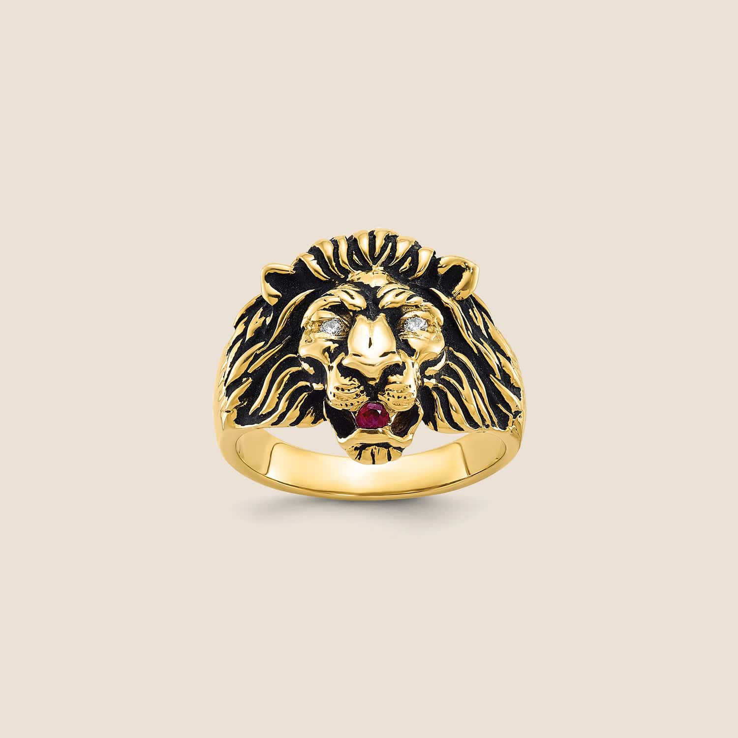 10K Gold Men's Diamond & Ruby Antiqued Lion Ring