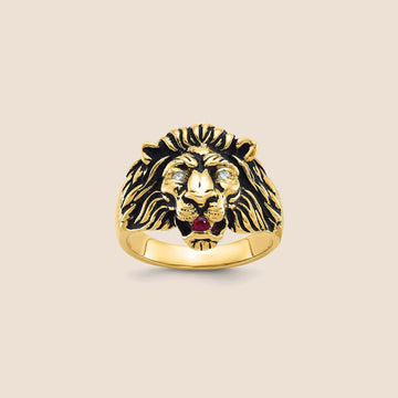 10K Gold Men's Diamond & Ruby Antiqued Lion Ring