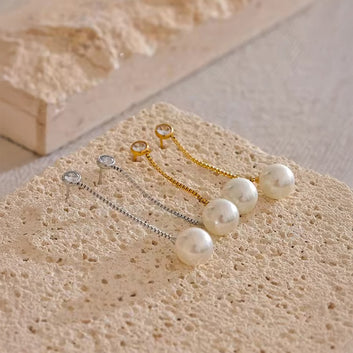 18K Gold PVD Long Chain Dangle Earrings w/ Natural Pearl