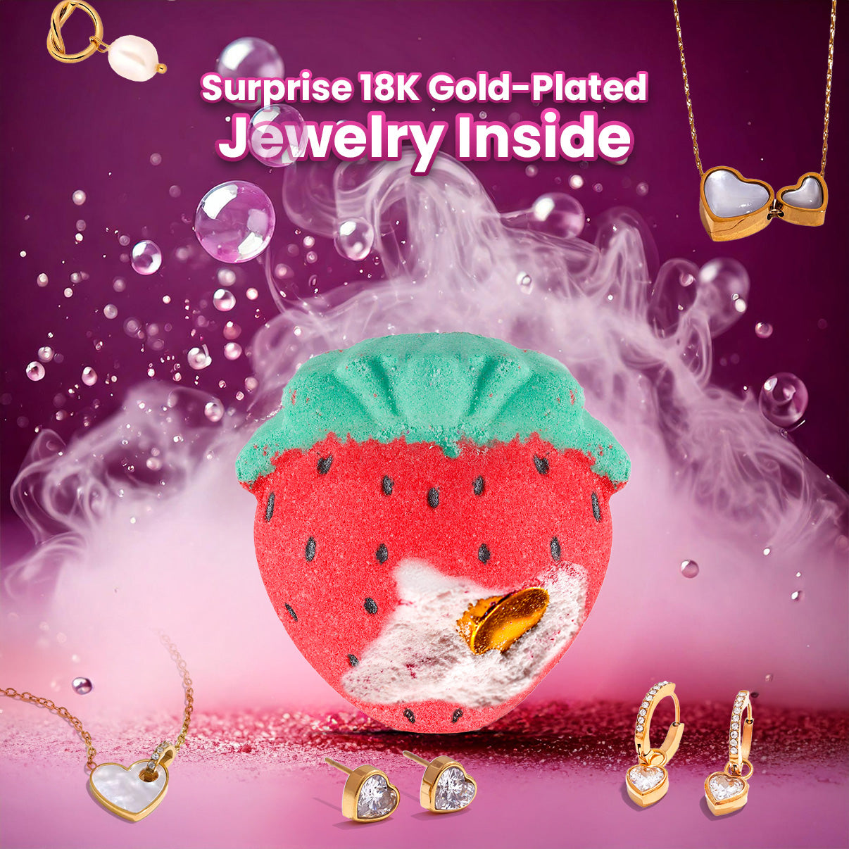 Strawberry Pop Bath Bomb w/ Surprise 18K Gold-Plated Jewelry Inside
