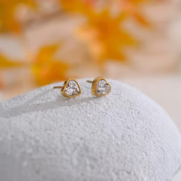 18K Gold PVD Stud Earrings w/ Cubic Zirconia Bling Heart