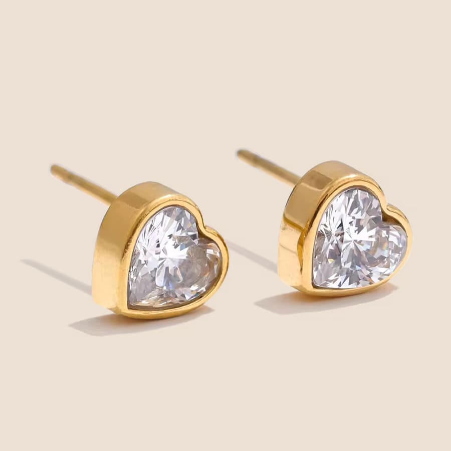 18K Gold PVD Stud Earrings w/ Cubic Zirconia Bling Heart